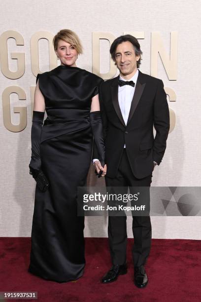 Greta Gerwig and Noah Baumbach attend the 81st Annual Golden Globe Awards at The Beverly Hilton on January 07, 2024 in Beverly Hills, California.