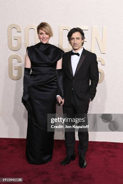 Greta Gerwig and Noah Baumbach attend the 81st Annual Golden Globe Awards at The Beverly Hilton on January 07, 2024 in Beverly Hills, California.