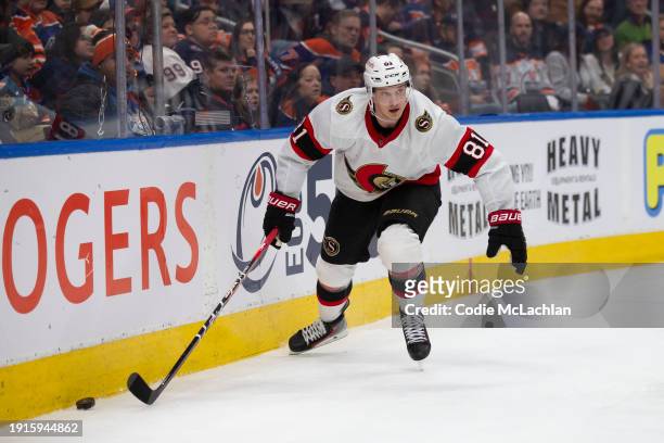 Dominik Kubalik of the Ottawa Senators skates against the Edmonton Oilers during the second period at Rogers Place on January 6, 2024 in Edmonton,...
