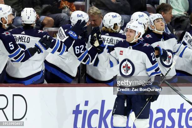 Nikolaj Ehlers of the Winnipeg Jets celebrates a goal against the Arizona Coyotes during the second period at Mullett Arena on January 07, 2024 in...