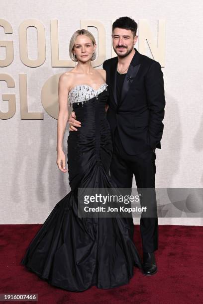 Carey Mulligan and Marcus Mumford attend the 81st Annual Golden Globe Awards at The Beverly Hilton on January 07, 2024 in Beverly Hills, California.