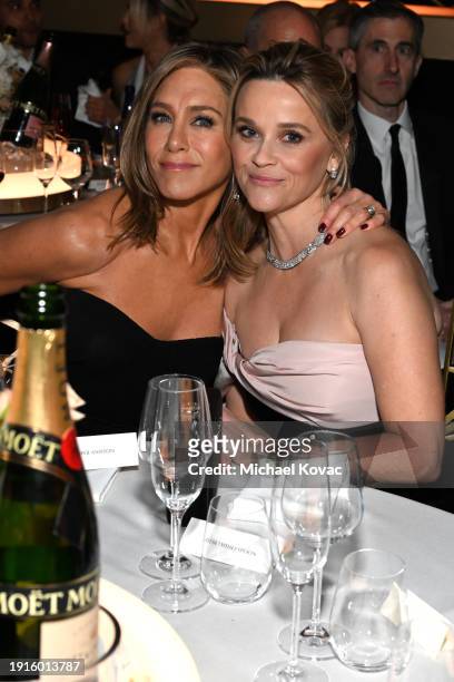 Jennifer Aniston and Reese Witherspoon enjoy Moët & Chandon at 81st Annual Golden Globes, celebrating 13 years of Toast for a Cause at the Beverly...
