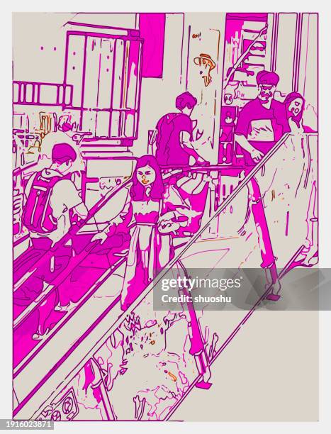 art printmaking illustration people on elevators in shopping malls scene - storefront-for-art-and-architecture stock illustrations