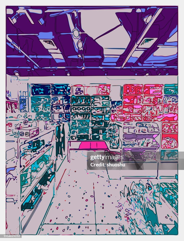 Cartoon Image In Store Display Cartoon Illustration Scene Retail Display Of Shop High-Res Vector ...