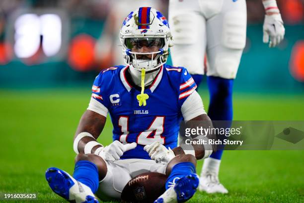 Stefon Diggs of the Buffalo Bills reacts after a first down catch during the second quarter against the Miami Dolphins at Hard Rock Stadium on...