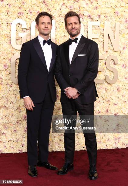 Patrick J. Adams and Gabriel Macht attend the 81st Annual Golden Globe Awards at The Beverly Hilton on January 07, 2024 in Beverly Hills, California.