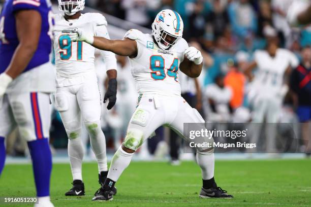 Christian Wilkins of the Miami Dolphins reacts after a penalty by the Buffalo Bills during the second quarter at Hard Rock Stadium on January 07,...