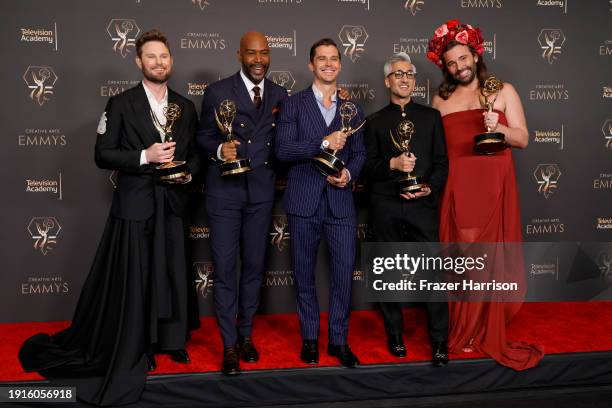 Bobby Berk, Karamo Brown, Antoni Porowski, Tan France and Jonathan Van Ness pose with the Outstanding Structured Reality Program award during the...