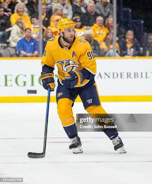 Ryan O'Reilly of the Nashville Predators skates against the Calgary Flames during an NHL game at Bridgestone Arena on January 4, 2024 in Nashville,...