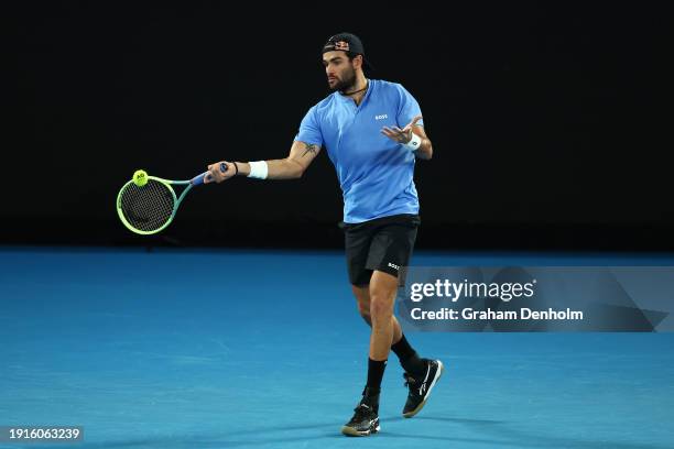 Matteo Berrettini of Italy plays a forehand during a training session ahead of the 2024 Australian Open at Melbourne Park on January 08, 2024 in...