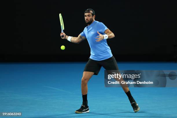 Matteo Berrettini of Italy plays a forehand during a training session ahead of the 2024 Australian Open at Melbourne Park on January 08, 2024 in...