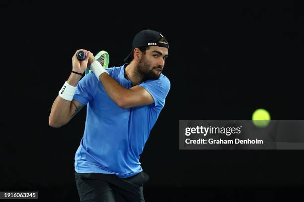 Matteo Berrettini of Italy plays a backhand during a training session ahead of the 2024 Australian Open at Melbourne Park on January 08, 2024 in...