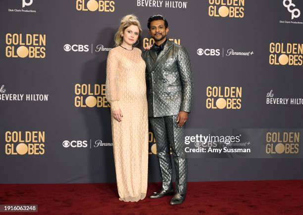 Rose McIver and Utkarsh Ambudkar pose in the press room during the 81st Annual Golden Globe Awards at The Beverly Hilton on January 07, 2024 in...