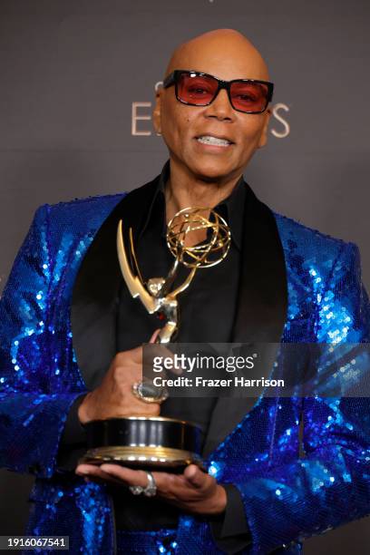 RuPaul poses with the Outstanding Host for a Reality or Competition Program award during the 2024 Creative Arts Emmys at Peacock Theater on January...