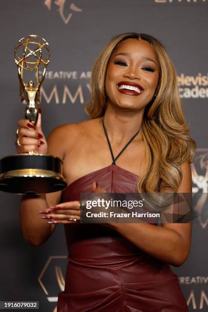Keke Palmer poses with the Outstanding Host for a Game Show award during the 2024 Creative Arts Emmys at Peacock Theater on January 07, 2024 in Los...