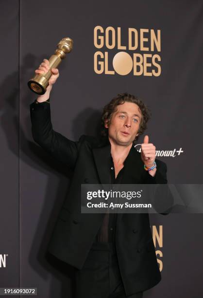 Jeremy Allen White, winner of the Best Performance by a Male Actor in a Television Series – Musical or Comedy award for "The Bear," poses in the...