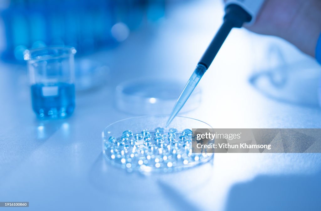 Scientist pipetting sample into tray for DNA testing in laboratory.