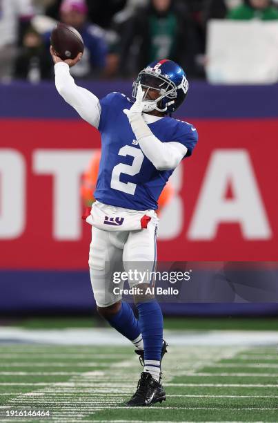 Tyrod Taylor of the New York Giants in action against the Philadelphia Eagles during their game at MetLife Stadium on January 07, 2024 in East...