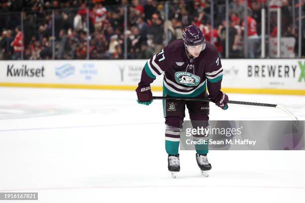 Frank Vatrano of the Anaheim Ducks looks on after being defeated by the Detroit Red Wings 3-2 in a game at Honda Center on January 07, 2024 in...