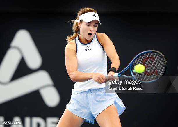 Anna Kalinskaya plays a Backhand during their match against Barbora Krejcikova of Czechoslovakia at Memorial Drive on January 08, 2024 in Adelaide,...