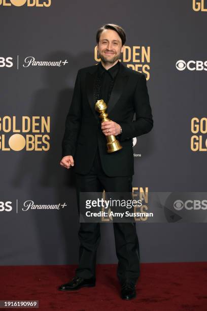 Kieran Culkin, winner of the Best Performance by an Actor in a Television Series, Drama award for "Succession" poses in the press room during the...