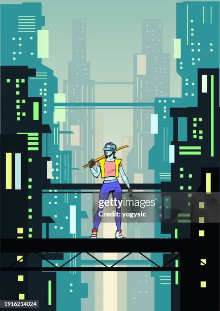 vector female mercenary in a cyberpunk city vector illustration - visor digital 幅插畫檔、美工圖案、卡通及圖標