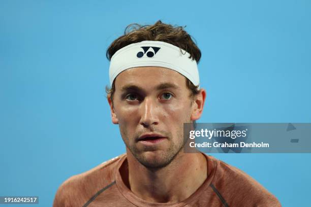 Casper Ruud of Norway looks on during a training session ahead of the 2024 Australian Open at Melbourne Park on January 08, 2024 in Melbourne,...