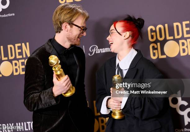 Finneas O’Connell and Billie Eilish, winners of the Best Original Song - Motion Picture award for "What Was I Made For?" pose in the press room...