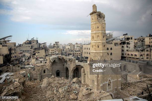 This picture taken on January 5 shows Gaza City's Omari Mosque, the oldest mosque in Gaza, damaged in Israeli bombardment during the ongoing battles...