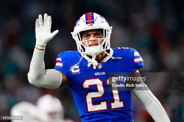 Jordan Poyer of the Buffalo Bills reacts after a 21-14 victory against the Miami Dolphins at Hard Rock Stadium on January 07, 2024 in Miami Gardens,...