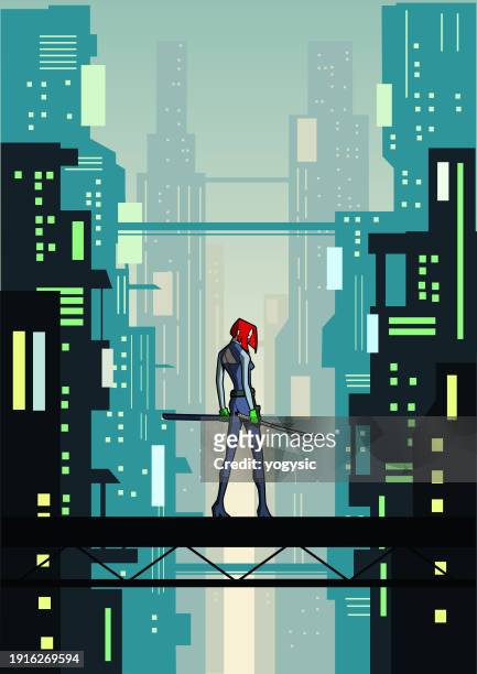 vector female mercenary in a cyberpunk city vector illustration - only japanese stock illustrations