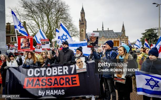 Israeli sympathizers take part in a demonstration during a hearing at the International Court of Justice on a genocide complaint by South Africa...