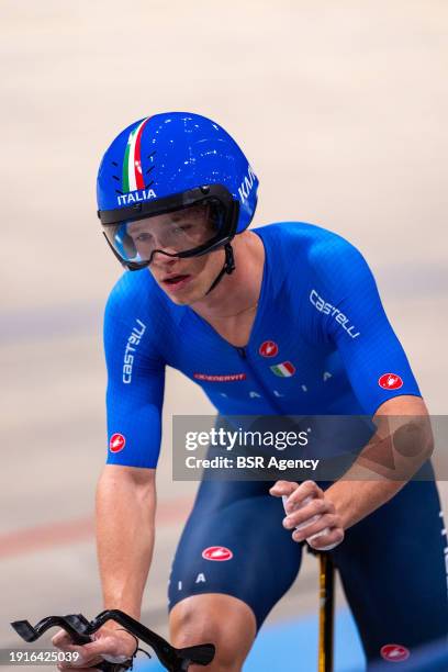Jonathan Milan of Italy competing in the Men's Team Pursuit during Day 1 of the 2024 UEC Track Elite European Championships at Omnisport on January...