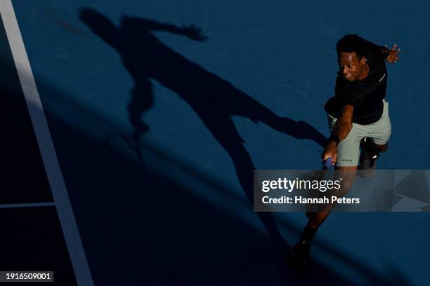 Gael Monfils of France plays a backhand during his match against Fabian Marozsan of Hungary during the 2024 Men's ASB Classic at ASB Tennis Centre on...