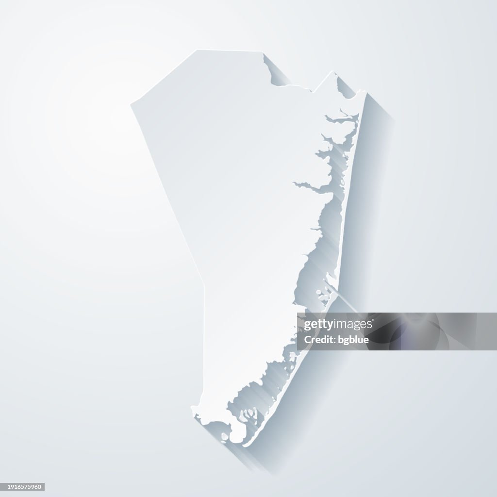 Ocean County, New Jersey. Map with paper cut effect on blank background