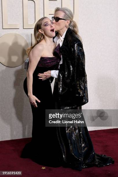 Amanda Seyfried and Meryl Streep attend the 81st Annual Golden Globe Awards at the Beverly Hilton on January 7, 2024 in Beverly Hills, California.
