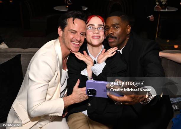 Andrew Scott, Billie Eilish, and Colman Domingo attend Netflix's 2024 Golden Globe After Party at Spago on January 07, 2024 in Beverly Hills,...