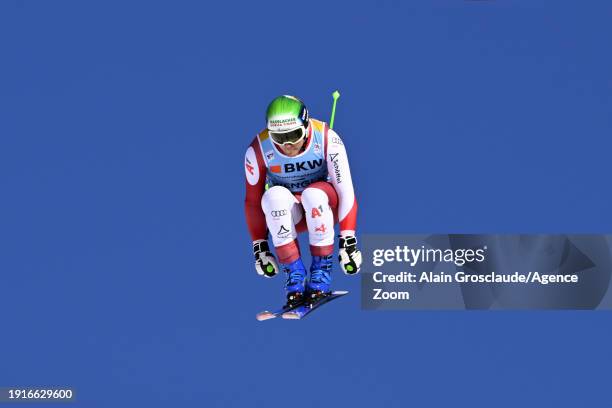 Otmar Striedinger of Team Austria in action during the Audi FIS Alpine Ski World Cup Men's Downhill on January 11, 2024 in Wengen, Switzerland.
