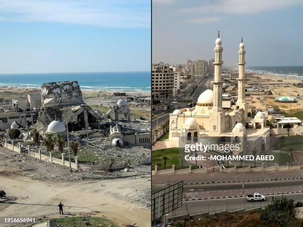 This combination of pictures created on January 11 shows an aerial view taken on January 26, 2021 of the landmark Hassaina mosque and the seaport in...