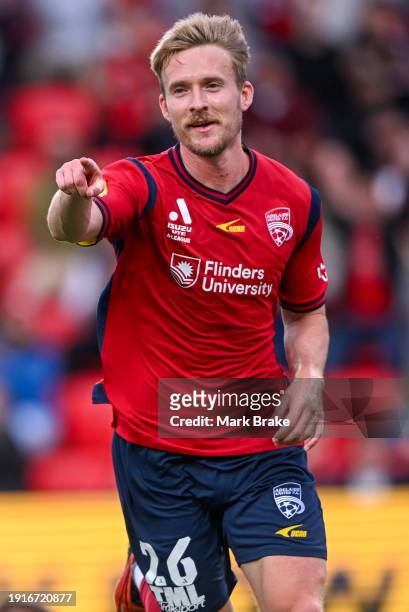 Ben Halloran of Adelaide United celebrates after scoring his teams first goal during the A-League Men round 12 match between Adelaide United and...