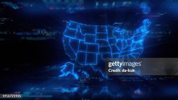 holograma del mapa digital de ee. uu. en el fondo de la tecnología del futuro. experiencia en comunicación y finanzas globales. mapa futurista de ee.uu. en el mundo del progreso tecnológico y la innovación. renderizado 3d cgi - holographic-map fotografías e imágenes de stock