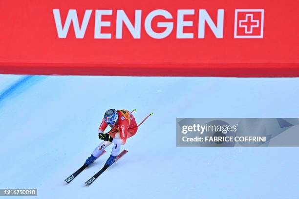 Switzerland's Marco Odermatt competes in the Men's Downhill race at the FIS Alpine Skiing World Cup event in Wengen, Switzerland, on January 11, 2024.