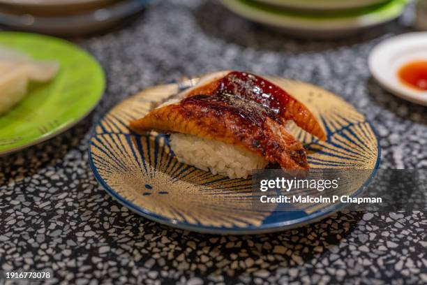 grilled mackerel (saba shioyaki) sushi served in sapporo, hokkaido, japan - saba sushi stockfoto's en -beelden