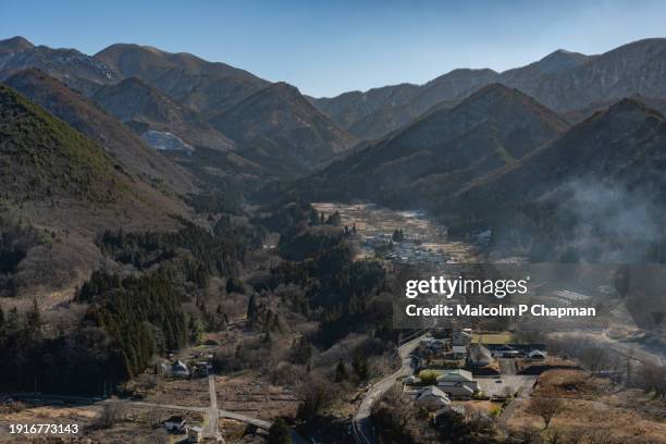 yamadera - view from rissyakuji temple, yama-dera of valley and hills in winter - yamadera stock pictures, royalty-free photos & images