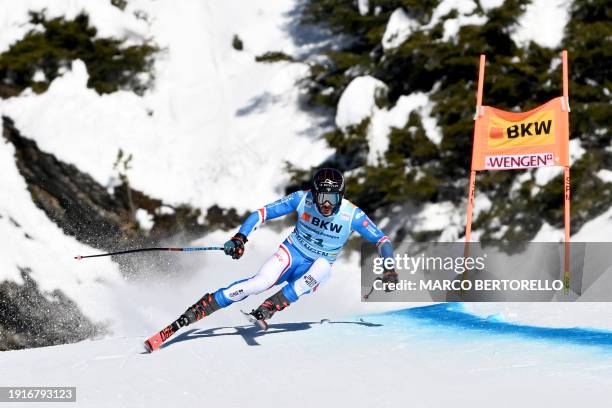 France's Cyprien Sarrazin competes in the Men's Downhill race at the FIS Alpine Skiing World Cup event in Wengen, Switzerland, on January 11, 2024.