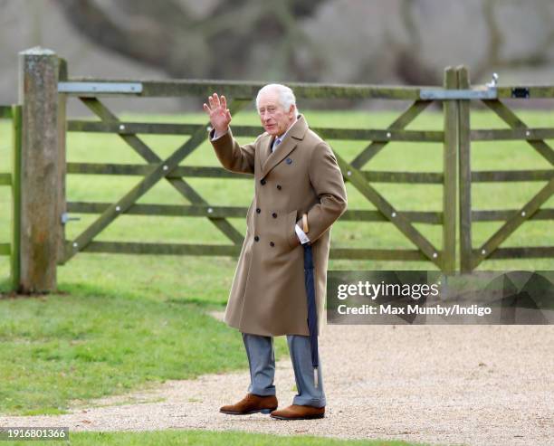 King Charles III attends the Sunday service at the Church of St Mary Magdalene on the Sandringham estate on January 7, 2024 in Sandringham, England.