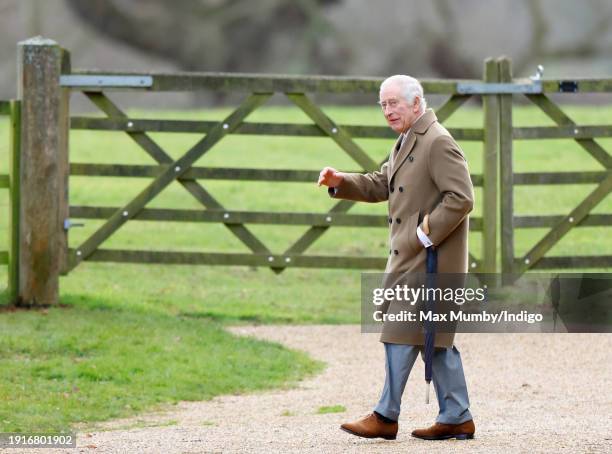 King Charles III attends the Sunday service at the Church of St Mary Magdalene on the Sandringham estate on January 7, 2024 in Sandringham, England.