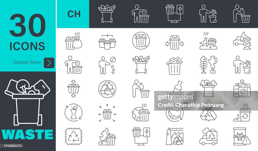 Ensemble d’icônes de déchets. 30 éléments graphiques vectoriels de trait modifiables, recyclage, litière, ordure, pollution, décharge, gestion des déchets, compostage