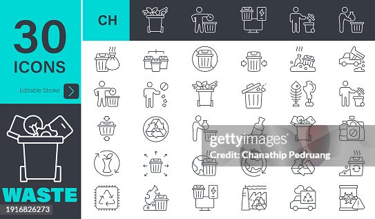 Waste Icons set. 30 editable stroke vector graphic elements, recycling, litter, trash, pollution, landfill, waste management, composting Waste Icons set. 30 editable stroke vector graphic elements, recycling, litter, trash, pollution, landfill, waste management, composting