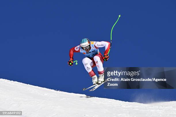 Vincent Kriechmayr of Team Austria in action during the Audi FIS Alpine Ski World Cup Men's Downhill on January 11, 2024 in Wengen, Switzerland.